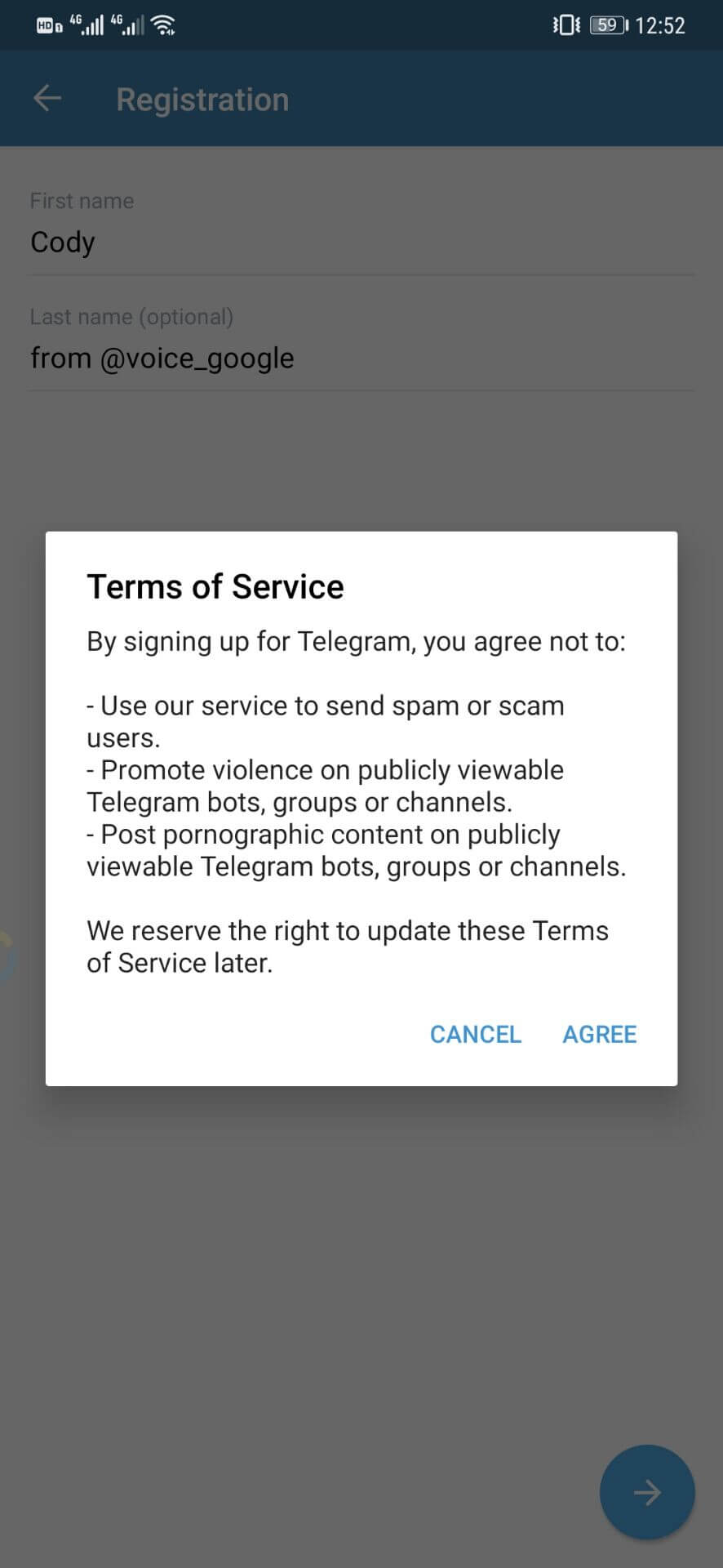 Telegram注册设置昵称并接受条款