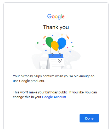Google账号设置生日：成功